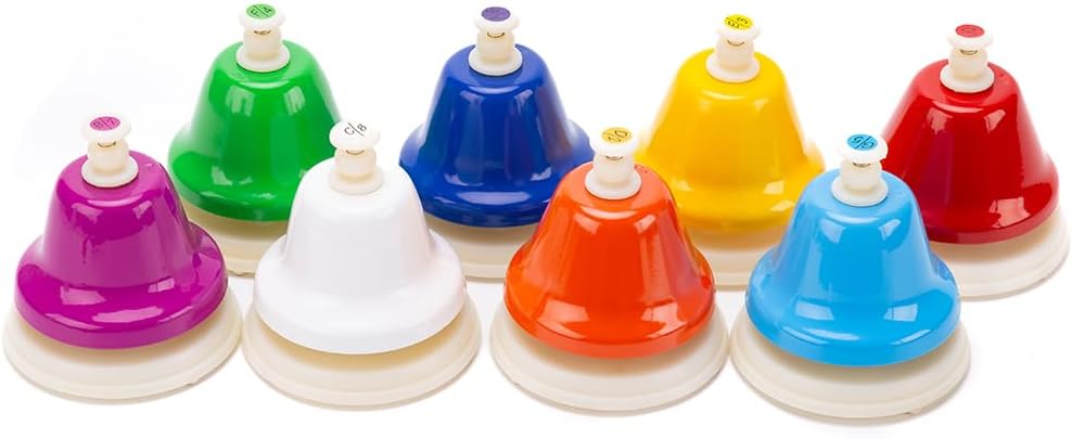 Desk Bells for Kids - 8 Note Colorful Metal Handbells Set with Handle - Educational Teaching and Learning Instruments - Musical Toys for Toddlers Children