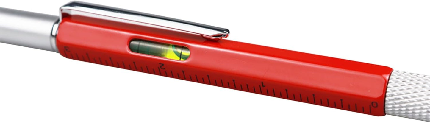 DUNBONG Metal Multi tool Pen 6-in-1 Stylus Pen - With Screwdriver, Ballpoint Pen Black ink, Stylus pen, Level and Ruler, 1-Count (Red)