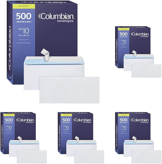 Columbian #10 Security Envelopes, 500/Box, No Window, 4-1/8 x 9-1/2 Inches, Release & Seal Self Seal, White (COLO151) (Pack of 5)