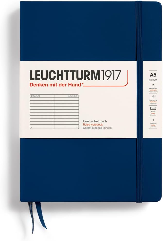 LEUCHTTURM1917 - Notebook Hardcover Medium A5-251 Numbered Pages for Writing and Journaling (Navy, Ruled)