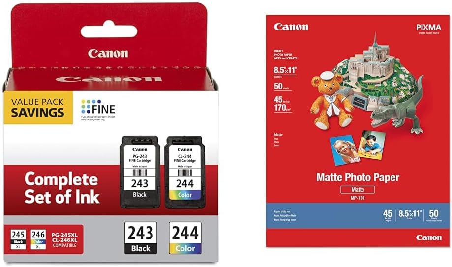 Canon Ink and Photo Paper Bundle - PG-243/ CL-244 Ink Multi pack for TR4520, MX492, MG2520, MG2922, TS302 and TS202 Printers + Canon 7981A004 Photo Paper Plus Matte 8-1/2 x 11 50 Sheets