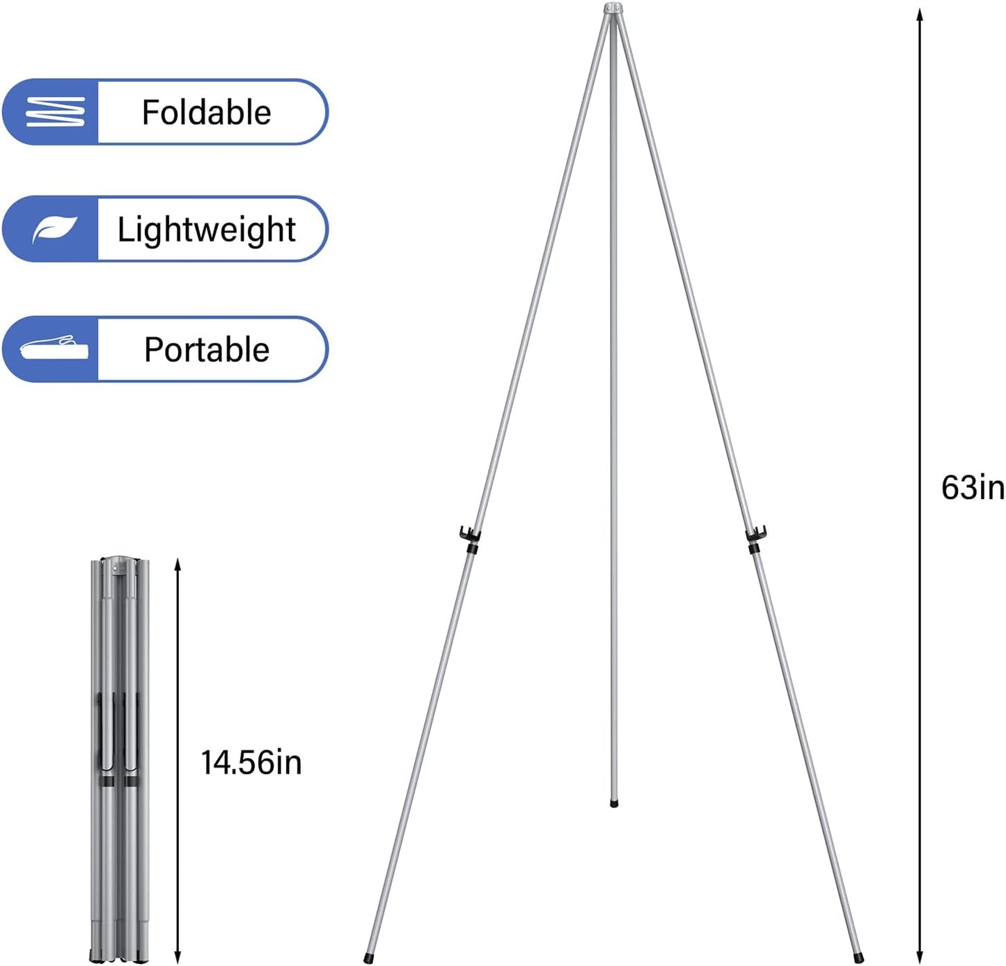 Display Silver Easel Stand - 63" Artist Instant Tripod Collapsible Portable Floor Easel - Adjustable Art Poster Easy Folding Metal Stand for Display Show, Wedding, Painting