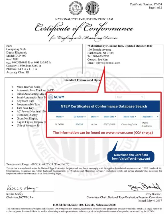 VisionTechShop DLP-300 Label Printing Scale Pole Display, 30/60lbs Capacity, 0.01/0.02lbs, NTEP Legal for Trade with a Free 1 case CAS LST-8010 UPC Label, 58 x 40mm