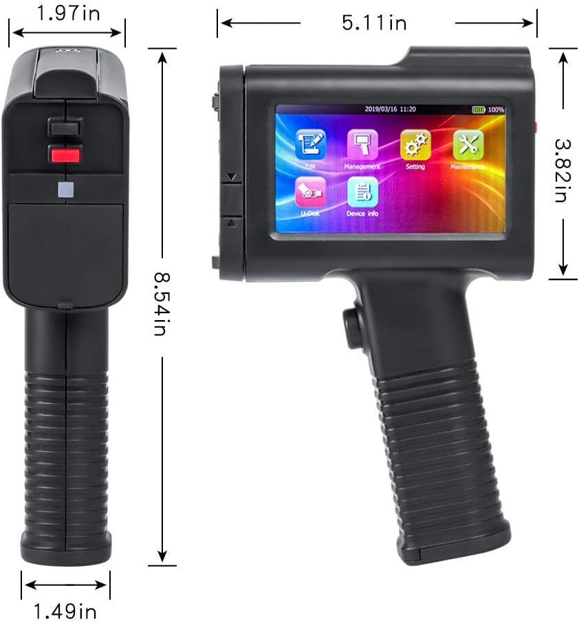 Handheld Inkjet Printer HH6105B2 with bt-2580P Black & LED Touch Screen for Code Variable Data QR Logo Serial on Multi Surface,Expiration Date Printer (Support 17 Languages) (0.5inch/B2)