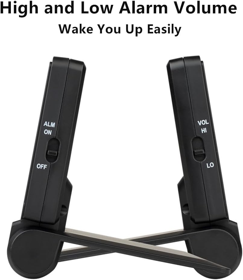 FAMICOZY Small Folding Digital Travel Alarm Clock with Day/Month/Date/Indoor Temperature,Easy to Read and Set,High/Low Alarm Volume,9 Min Snooze,Backlight on Demand,Bedside Calendar Alarm Clock,Black