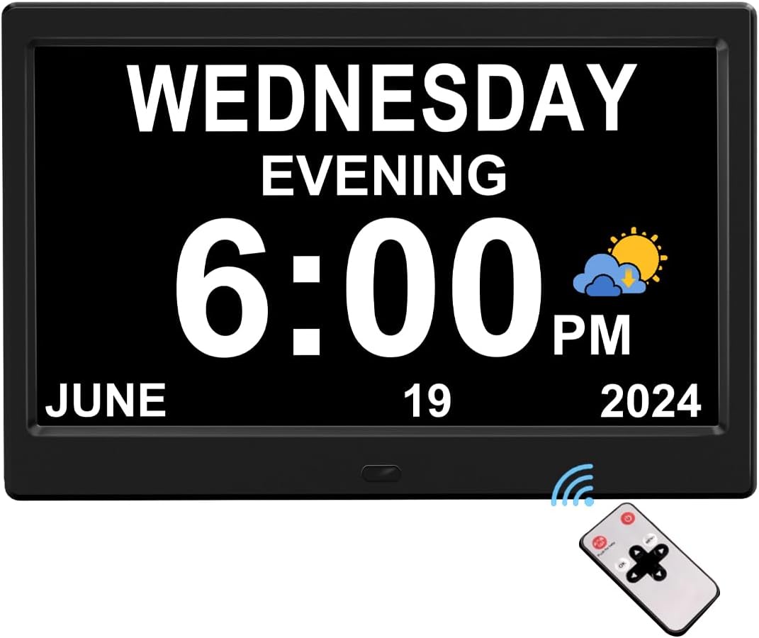 Extra Large Impaired Vision Digital Alarm Clock with Day and Time for Elderly Calendar Clock Auto Dimmable Clock (10.1 Inch Black)