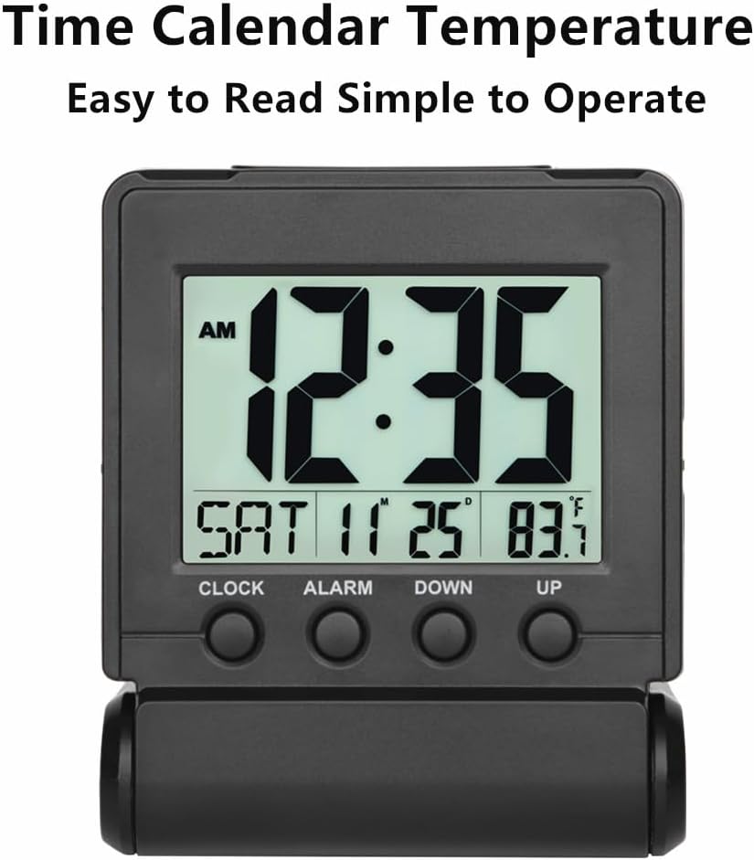 FAMICOZY Small Folding Digital Travel Alarm Clock with Day/Month/Date/Indoor Temperature,Easy to Read and Set,High/Low Alarm Volume,9 Min Snooze,Backlight on Demand,Bedside Calendar Alarm Clock,Black