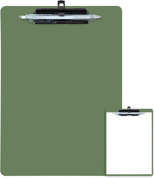 Clipboard with Pen Holder, Plastic Clipboard with Low Profile Metal Clip, Hanging Clip Boards Holds 8.5x11 Inch Papers, Standard A4 Letter Size Clip Boards for Offices & School, Green