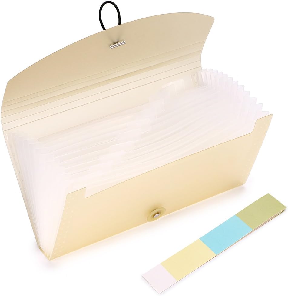 BTSKY Expanding File Folder - 13 Pockets, Small Accordion File Folder, Expandable Card Ticket Holder, Plastic Business Document Organizer, Khaki Translucent