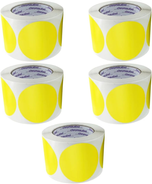 ChromaLabel 3 Inch Circle Sticker Labels, Easy to Write On Round Colored Stickers, Permanent Adhesive Labels, 500 Sticky Dots per Roll, Yellow Dot Stickers - Case of 5