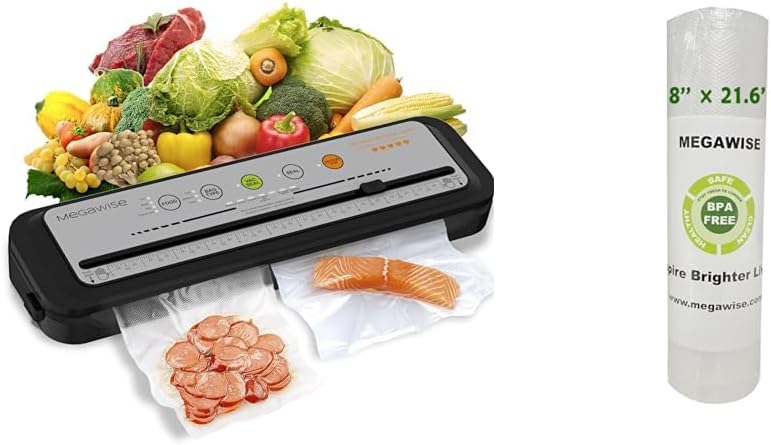 2023 Updated Vacuum Sealer Machine, MEGAWISE Food Sealer w/Starter Kit, Dry & Moist Food Modes, Compact Design with 10 Vacuum Bags & Bulit-in Cutter(Grey) & Vacuum Sealer Bags (8''x 21.6')