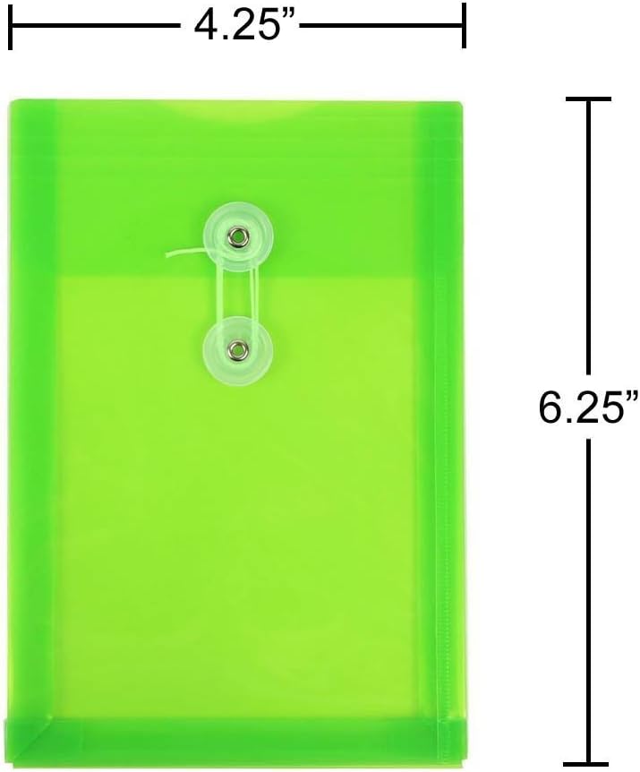 JAM PAPER Plastic Envelopes with Button & String Tie Closure - 6 1/4 x 9 1/4 - Lime Green - 12/Pack