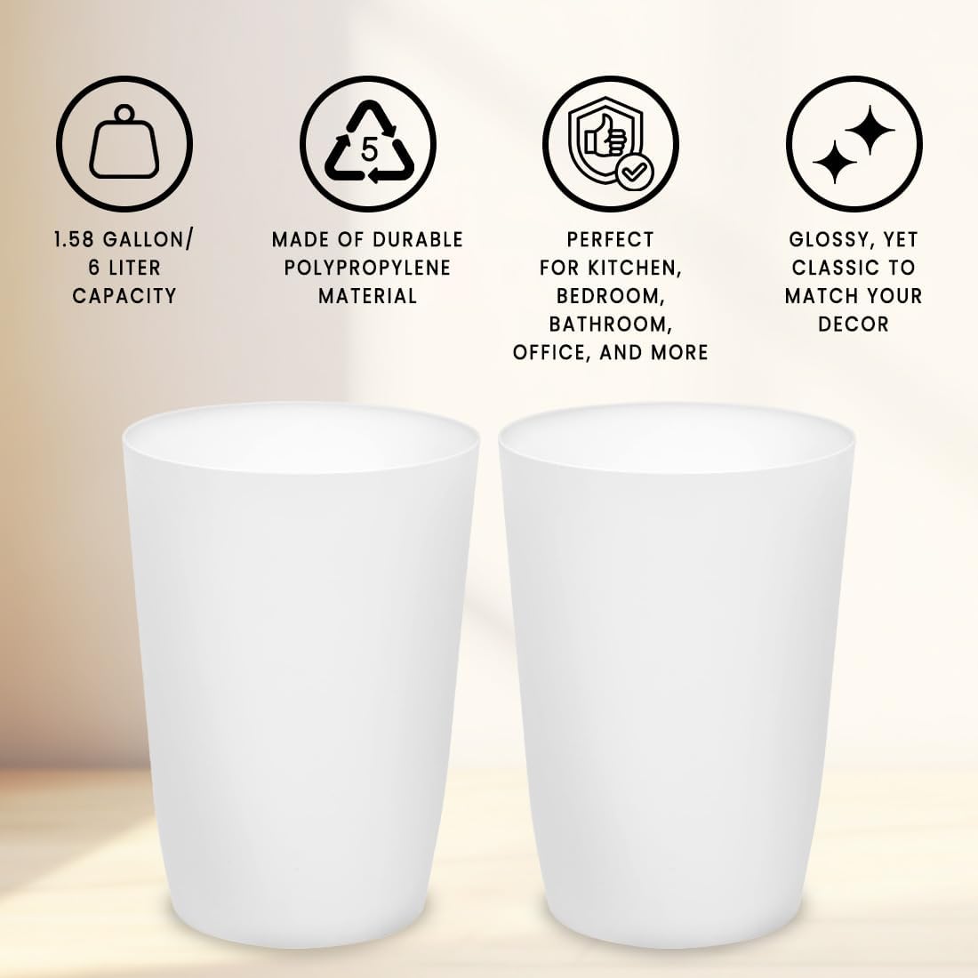 HOLDN’ STORAGE Small Trash Can - Set of 2 Open Top Waste Bin of 1.58 Gallon, Compact Waste Can Perfect for Bathroom, Kitchen, Office, Dorm - Durable Garbage Can - White