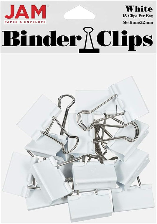 JAM PAPER Colorful Binder Clips - Medium - 1 1/4 Inch (32 mm) - White Binderclips - 15/Pack