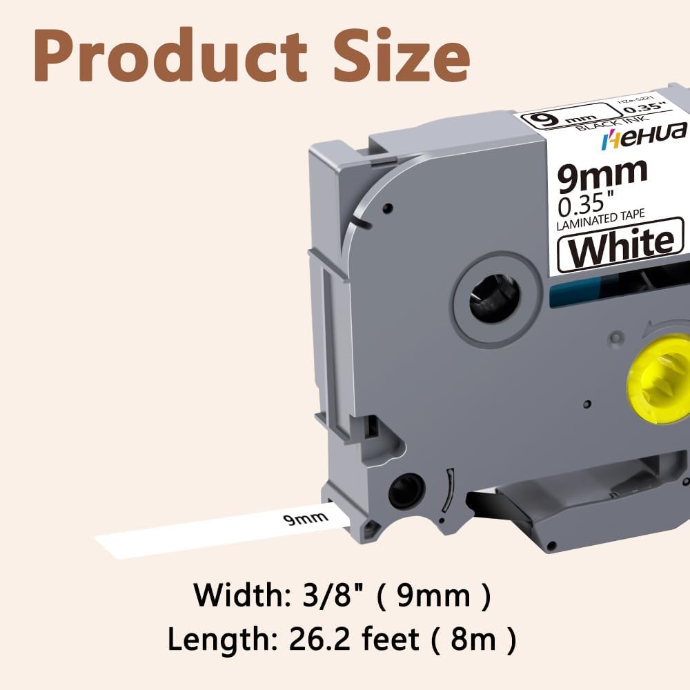 Hehua 9mm 0.35 Extra Strength Adhesive Laminated White Tape Compatible for Brother TZe-S221 TZeS221 TZ-S221 TZS221 for Ptouch PT D210 D200 H110 H100, 3/8'' x 26.2ft Black on White, 4 Pack