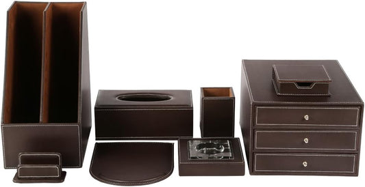 KINGFOM 8 PCS/SET Desk Organizers, Pu Leather Office & Home Desktop Decor Supplies Storage Box, Including Files Organizer Drawer, Memo Paper Holder, Tissue Holder and Mouse Pad etc (T03-Brown)