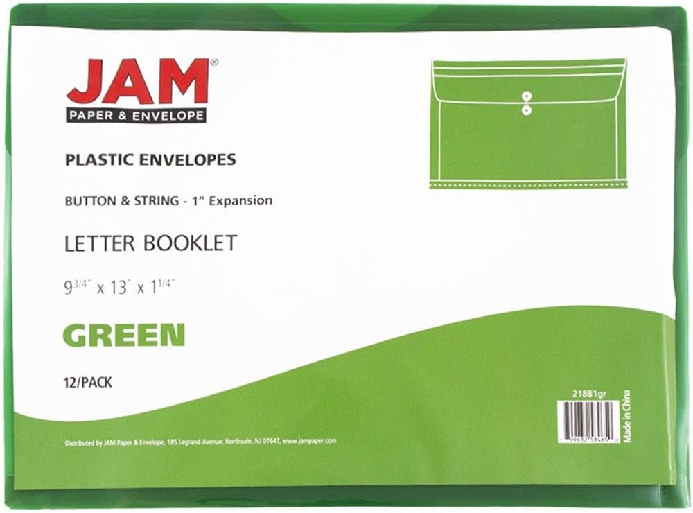 JAM PAPER Plastic Envelopes with Button & String Tie Closure - Letter Booklet - 9 3/4 x 13 - Green - 3/Pack