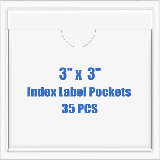 Origin-Joy 35 PCS Self Adhesive Index Card Pockets with Top Open, Clear Plastic Label Holder for Cards of Note, Library and Business, Adhesive Label Pockets & Card Holder (3 x 3 inch)