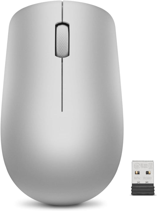 Lenovo 530 Full Size Wireless Computer Mouse for PC, Laptop, Computer with Windows - 2.4 GHz Nano USB Receiver - Ambidextrous Design - 12 Months Battery Life - Platinum Grey