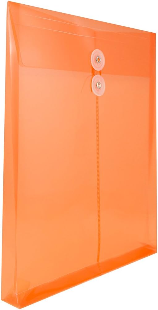 JAM PAPER Plastic Envelopes with Button & String Tie Closure - Letter Open End - 9 3/4 x 11 3/4 - Bright Orange - 12/Pack