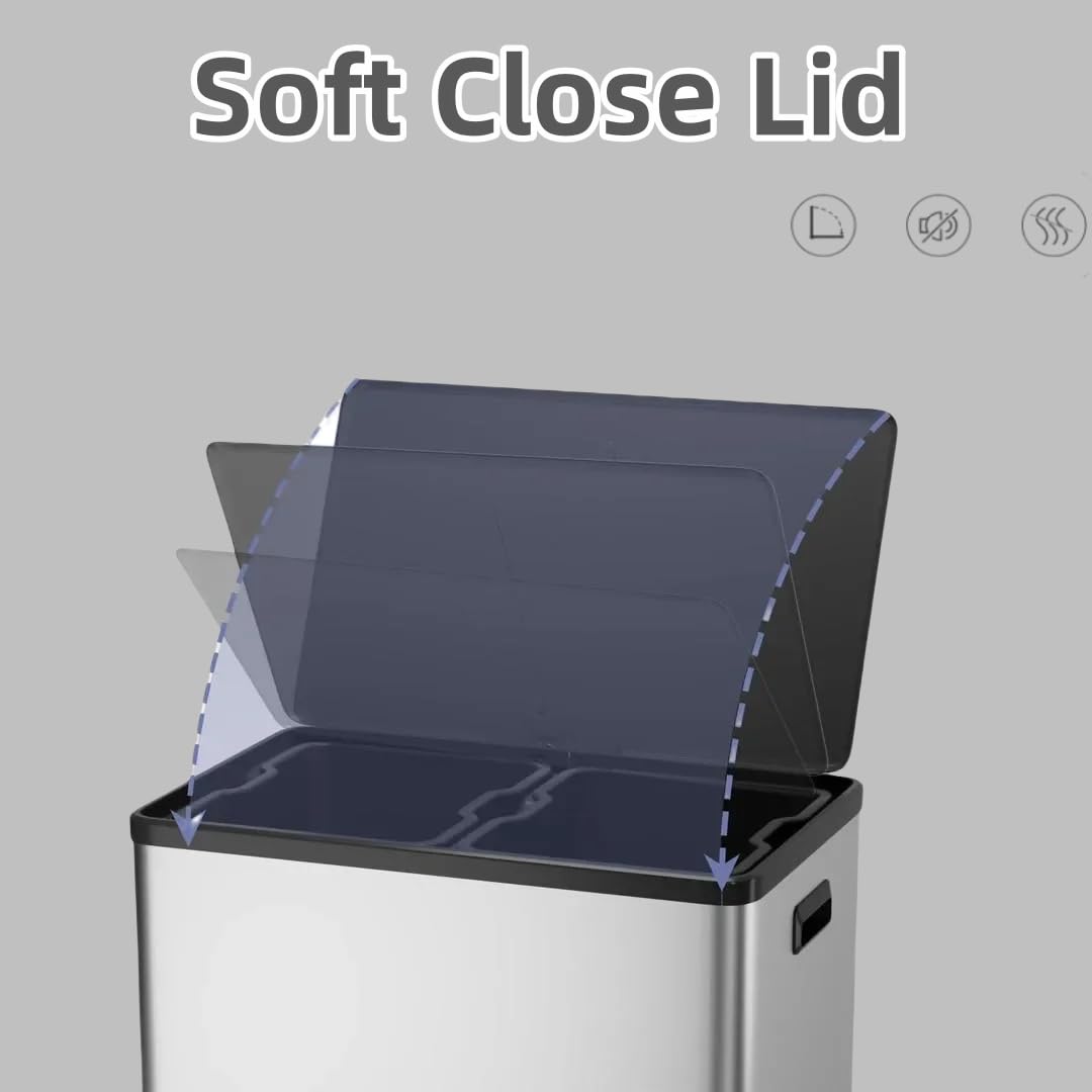 Dual Trash Can with Lid, 16 Gallon/60L Stainless Steel Recycling Trash Bin with 2 Removable Waste Buskets and Wide Pedal, Modern Garbage Bin for Home Kitchen