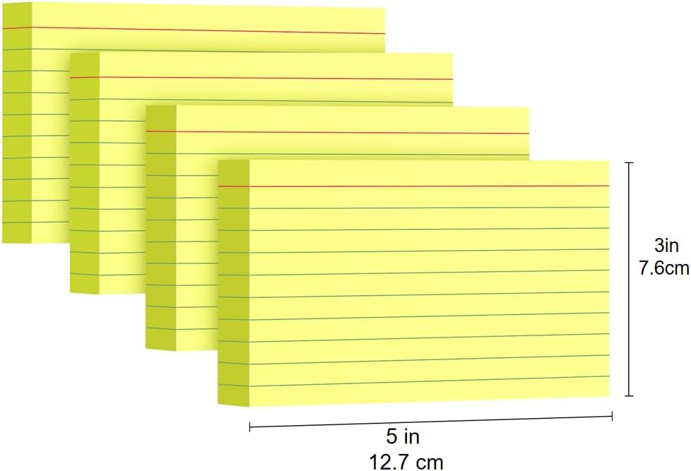 Yellow Index Cards 3x5, 200 Pack, Ruled Index Cards, Flash Cards for Studying, Heavy Note Cards for Office, Home and School, 4 Packs of 50
