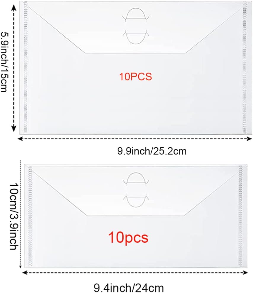 10PCS 9.9"x5.9"& 10PCS 9.4x3.9 Large Dies & Stamp Storage Pockets Resealable Clear Plastic Seal Bags Envelope Storage Case for Cutting Dies Stencil Album Photo Paper Card Colletcion Scrapbooking Tool