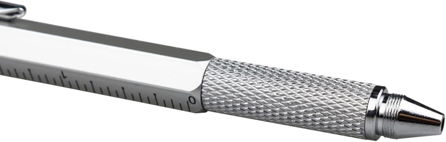 DUNBONG Metal Multi tool Pen 6-in-1 Stylus Pen - With Screwdriver, Ballpoint Pen Black ink, Stylus pen, Level and Ruler, 1-Count (Silver)