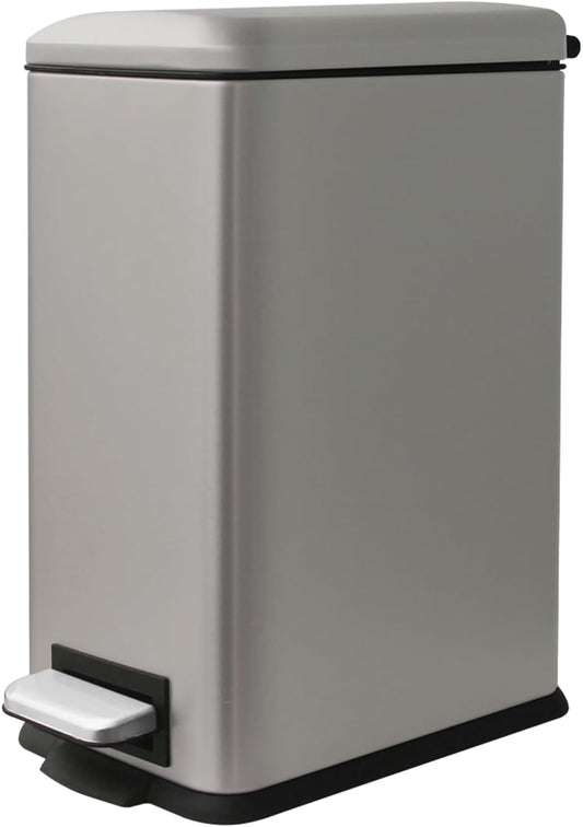 Grey Trash Can, 2.6 Gallon Bathroom Trash Can with Lid, Stainless Steel Garbage Can with Removable Liner, 10 Liter Rectangle Step Trash Bin for Office, Kitchen, Bedroom, Living Room, Dorm