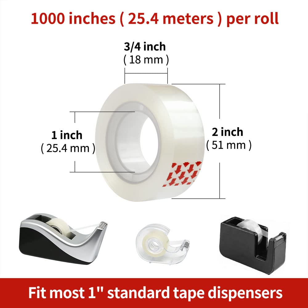 12 Rolls Transparent Tape Refills for Dispenser, Clear Tape, 3/4 x 1000 Inches, Easy Tear, Glossy Gift Wrap Tapes, Home Office Supplies and Back to School Supplies for College and Classrooms