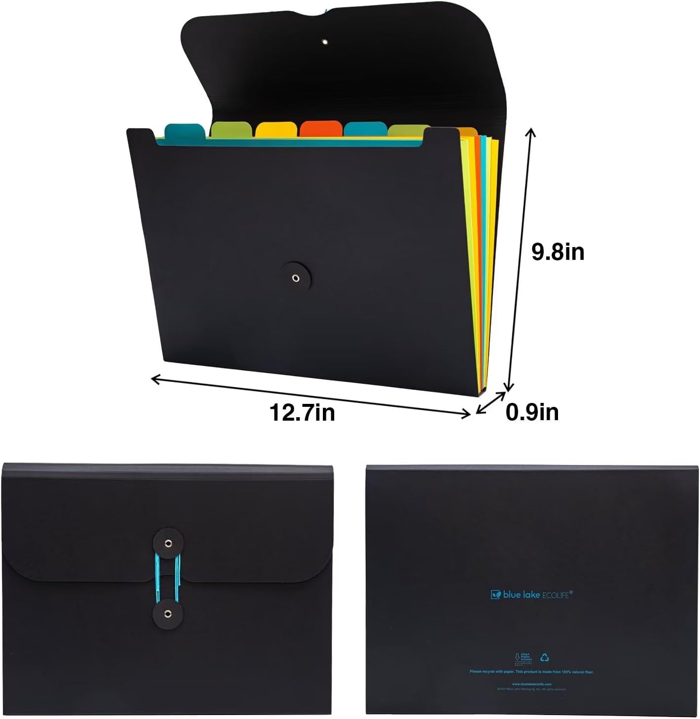 Blue Lake ECOLIFE Expanding File Folder Accordion Plastic Free 7 Pocket Rainbow Divider Expandable Folders Organizer Black
