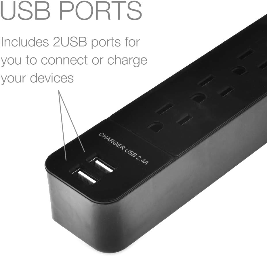 Digital Energy 6-Outlet + 2 USB 1050 Joule Surge Protector Power Strip with 15-Ft Long Extension Cord, Black, UL Listed