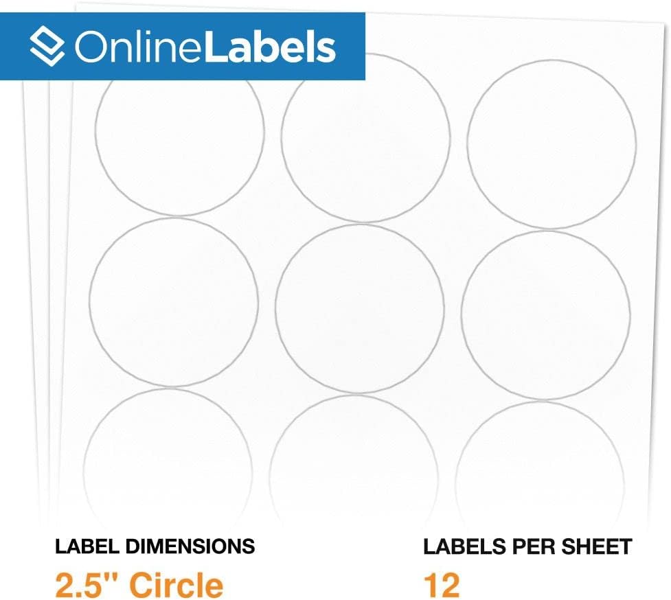 2.5" Round Labels - Permanent Adhesive, White Matte - Great for Candle and Jar Lids, Products, Favor Labels - Pack of 3,000 Circle Stickers, 250 Sheets - Inkjet/Laser Printers, OL350WX. OnlineLabels
