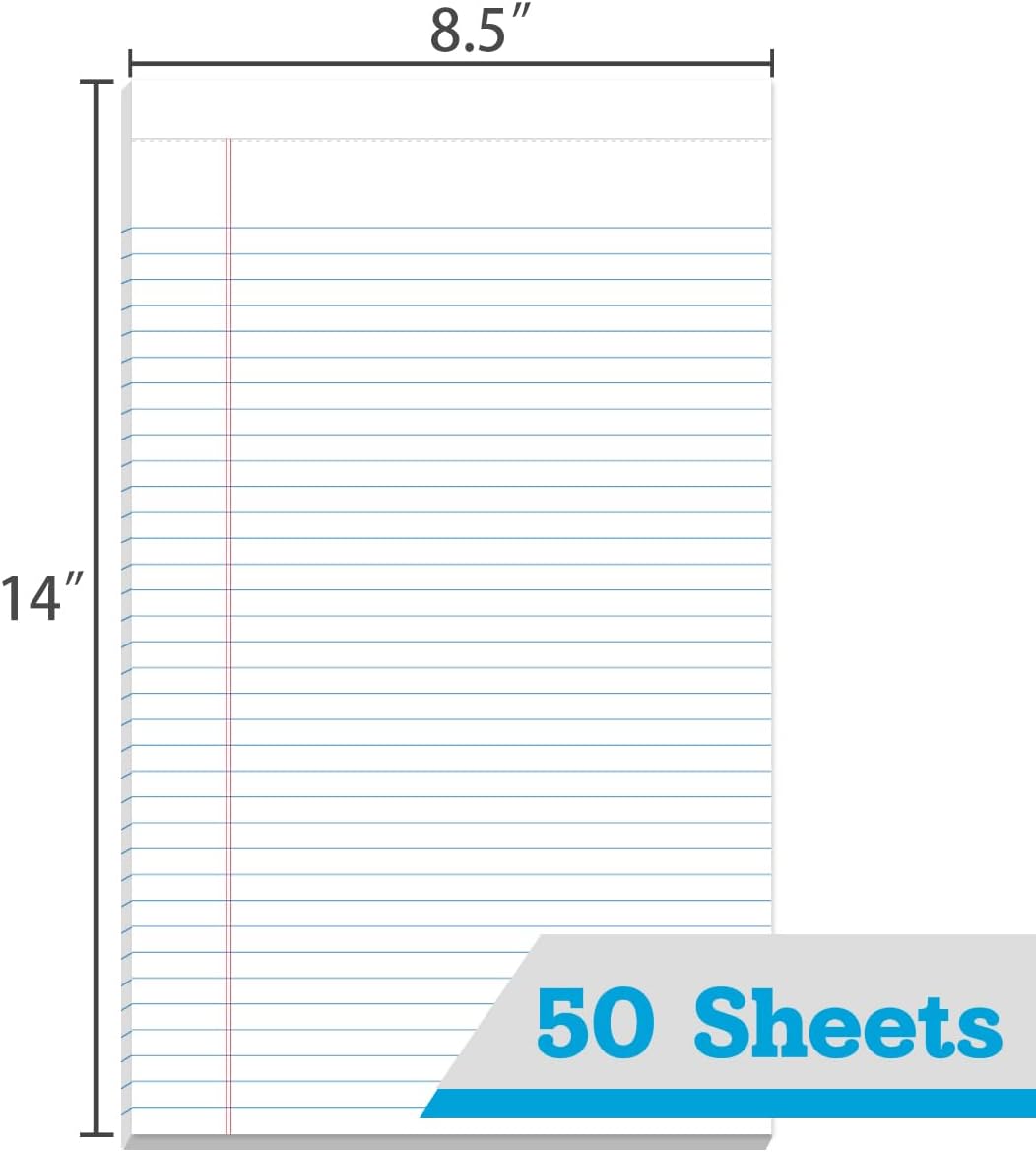 KAISA Legal Pads Note Pads 8.5"x14" Wide Ruled, 50 sheets Perforated Writing Pad, White Pack of 72 Pads, Made In The USA.
