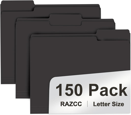 File Folder, RAZCC 150 Pack 1/3 Cut Tab File Folders Letter Size, Black Folders for Dcouments, Folders with Tab Great for Organizing and Easy File Storage