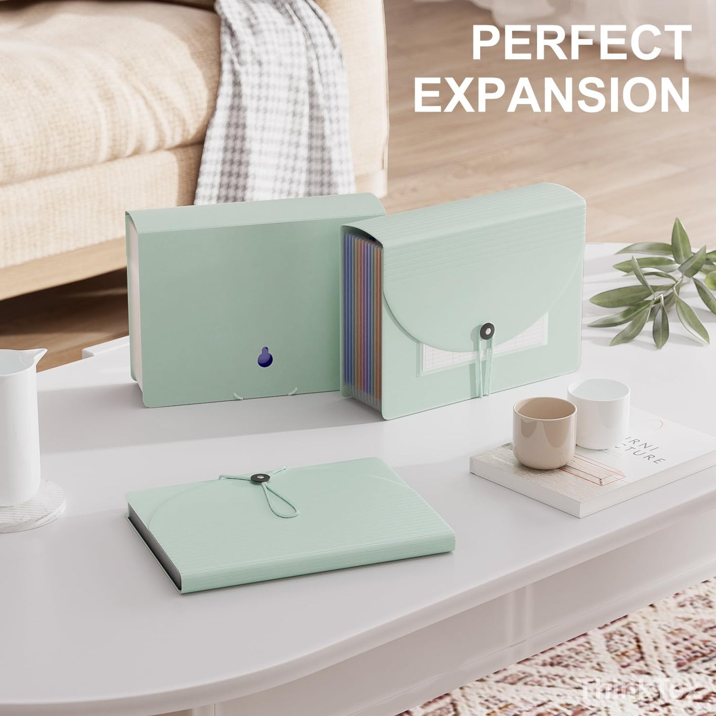 ThinkTex Accordion File Organizer, 12 - Pocket Expanding File Folders for Paper Receipts, Bills&Taxes Organizer, Letter/A4 Size Document Holder for School, Office, Home with tabs-Sage Green