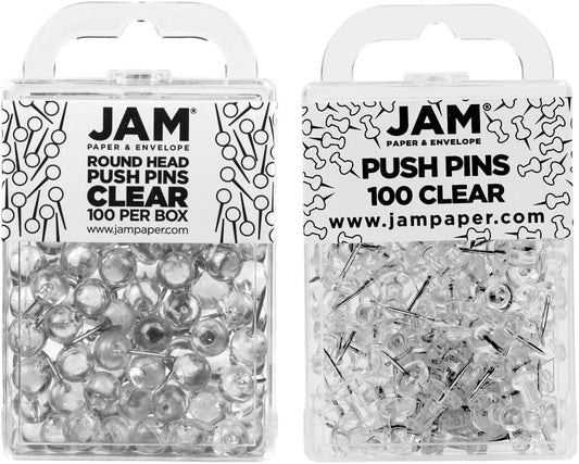 JAM PAPER Colorful Push Pins - Flat & Round Head Thumb Tack Combo Set - Clear Pushpins - 200/Pack