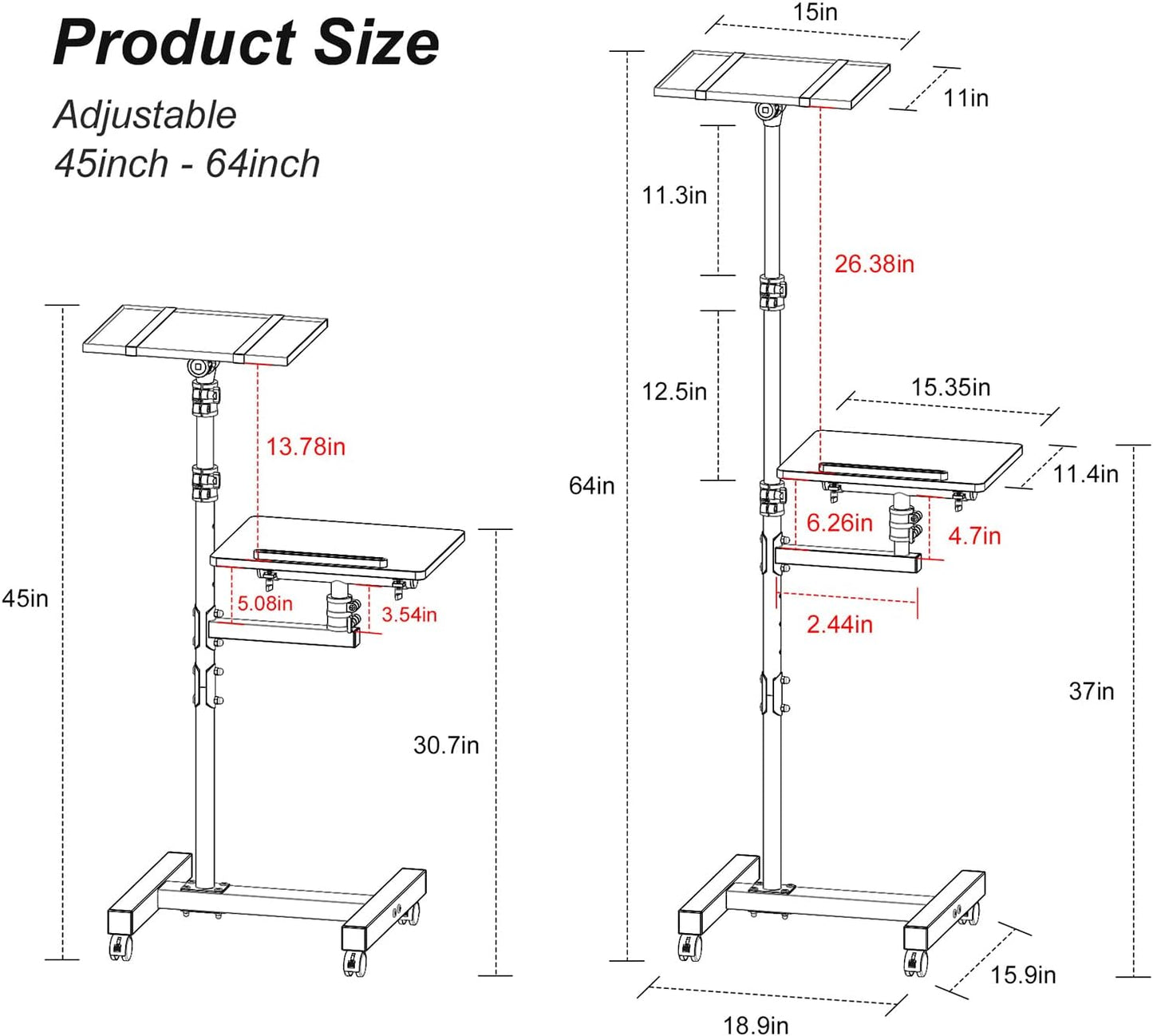 2 Shelves Projector Stand Tripod, Mobile Laptop Cart on Wheels Projector Tripod Stand Adjustable Height 45 to 64 Inches, Overbed Table with Wheels, Rolling Laptop Floor Stand for Couch