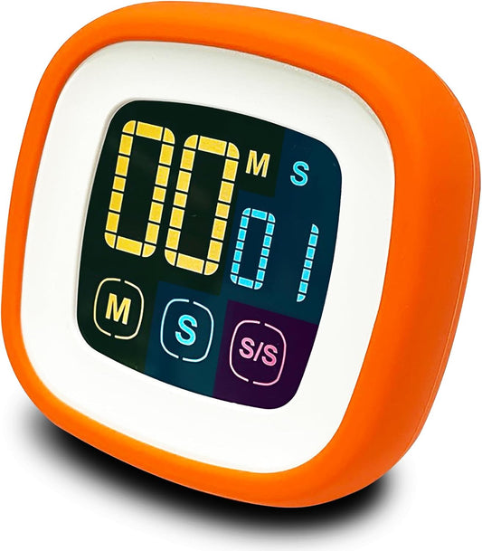 Digital Kitchen Timer, Countdown, Countup, Protective Rubber case, Large Display with Color Bold Digits, Touch Control, Backlit, Magnetic Kickstand, Loud Alarm, Auto Memory (Orange)
