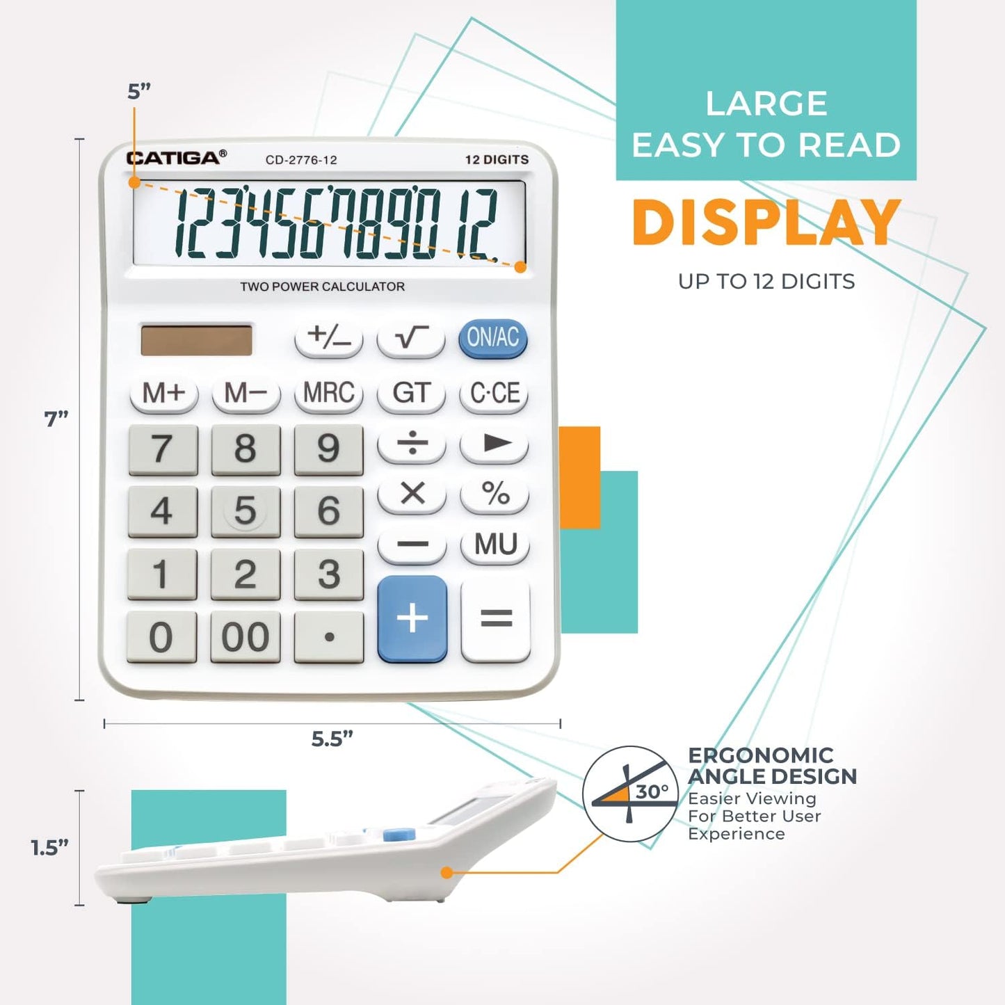 Premium Commercial 12-Digit Large Desktop Calculator with Huge 5-Inch LCD Display Screen, Giant Responsive Buttons, Battery and Solar Powered, Perfect for Home/Office Accounting Finance Use, CD-2776