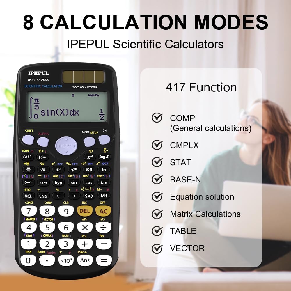 Scientific Calculators, IPepul Math Calculator with 417 Function, Solar Battery Power and 4-Lines Display, School Supplies for Middle High College Students Teachers (Black 991ES)