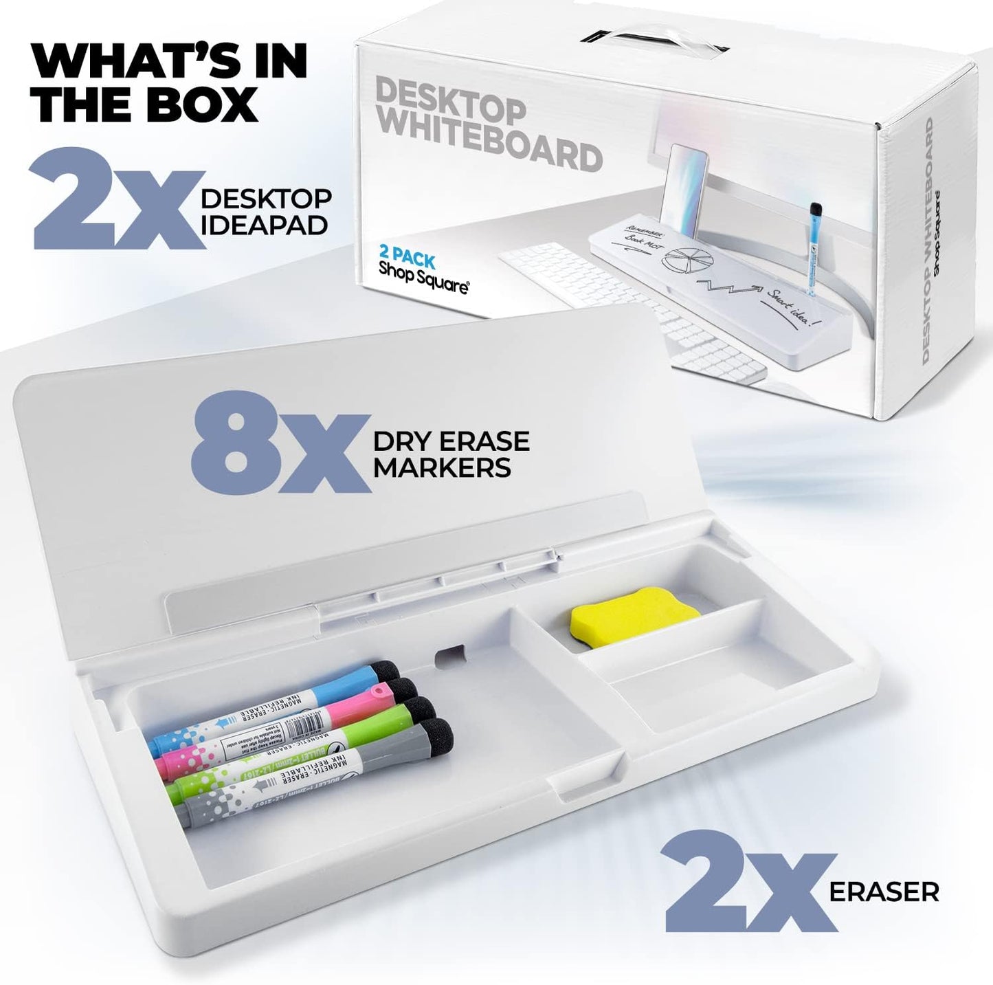 Desktop Whiteboard - Glass Dry Erase White Board - Desk Computer Buddy – Home Office & Studying Essentials - with Phone & Tablet Slot, Storage Compartment - Includes 4 Markers, 1 Eraser (2 Pack)