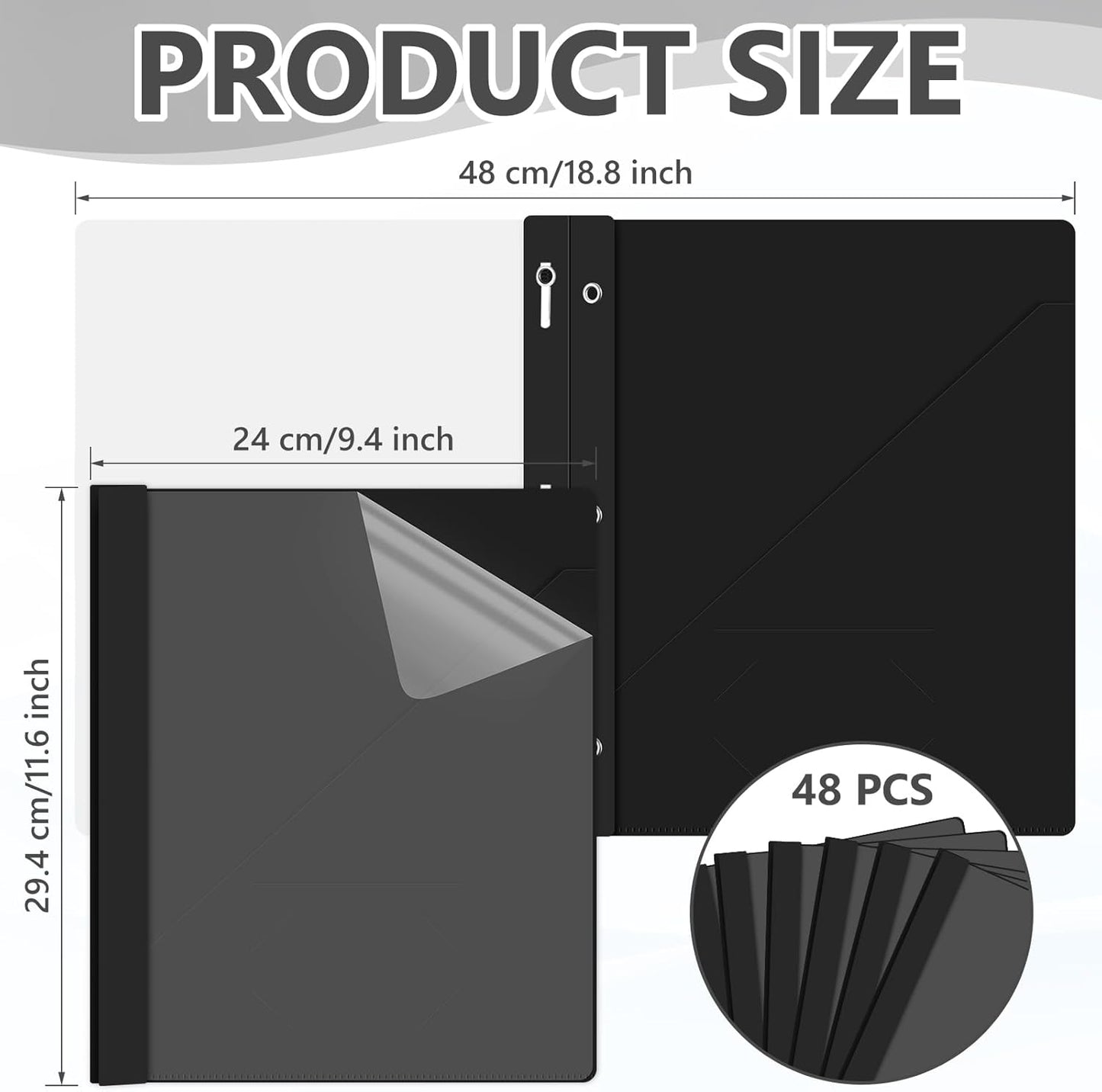 Patelai 48 Pcs Plastic Folders with 2 Pockets and 3 Prongs Home Folders with Card Slot Letter Size Heavy Duty Report Covers for Back to School(Black,Simple Style)