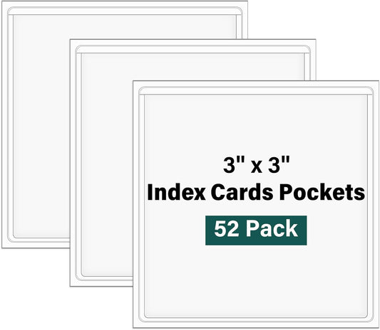 52 Pack Clear Adhesive 3" x 3" Index Card Pockets With Top Open, Plastic Card Sleeves Index Card Holder for Organizing Storage Bins, Library Cards, Notes, Drawer