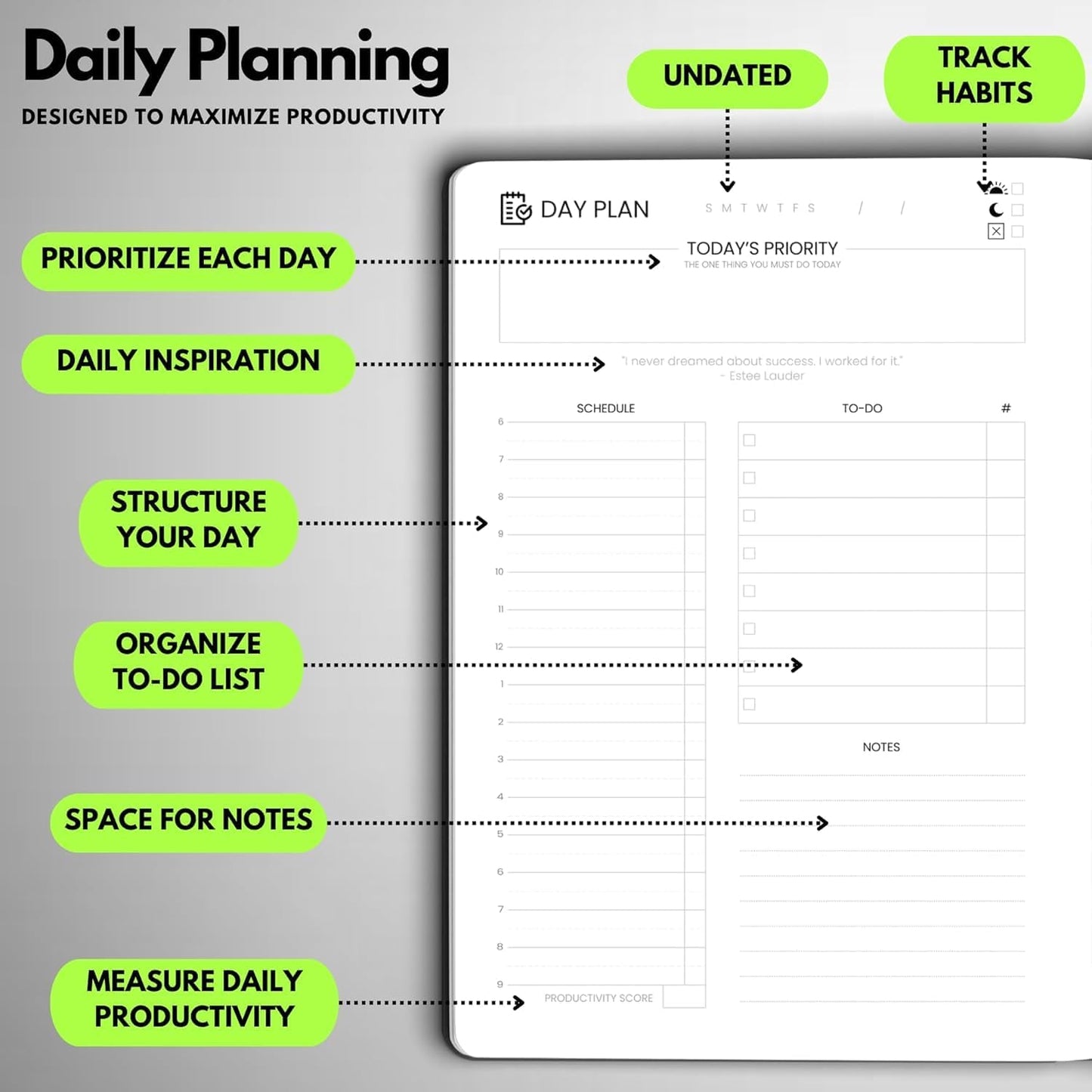 Undated Daily Planner – 3-Month A5 Productivity Organizer with Full Page Per Day, Hourly Schedule, Goal Setting, Habit Tracker, Weekly & Monthly Pages – Hardcover Time Management Notebook (Lime Green)
