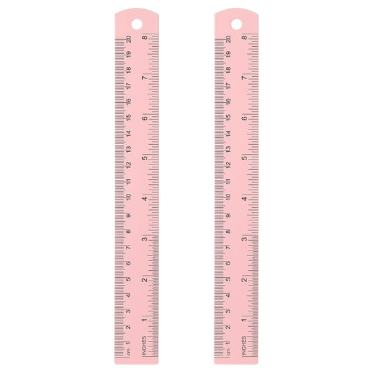 HARFINGTON 2pcs Metal Straight Ruler 20cm Metric SAE Aluminum Alloy Measuring Rulers Scale Tool with Hole for Measure Study Reading Classroom Office, Pink