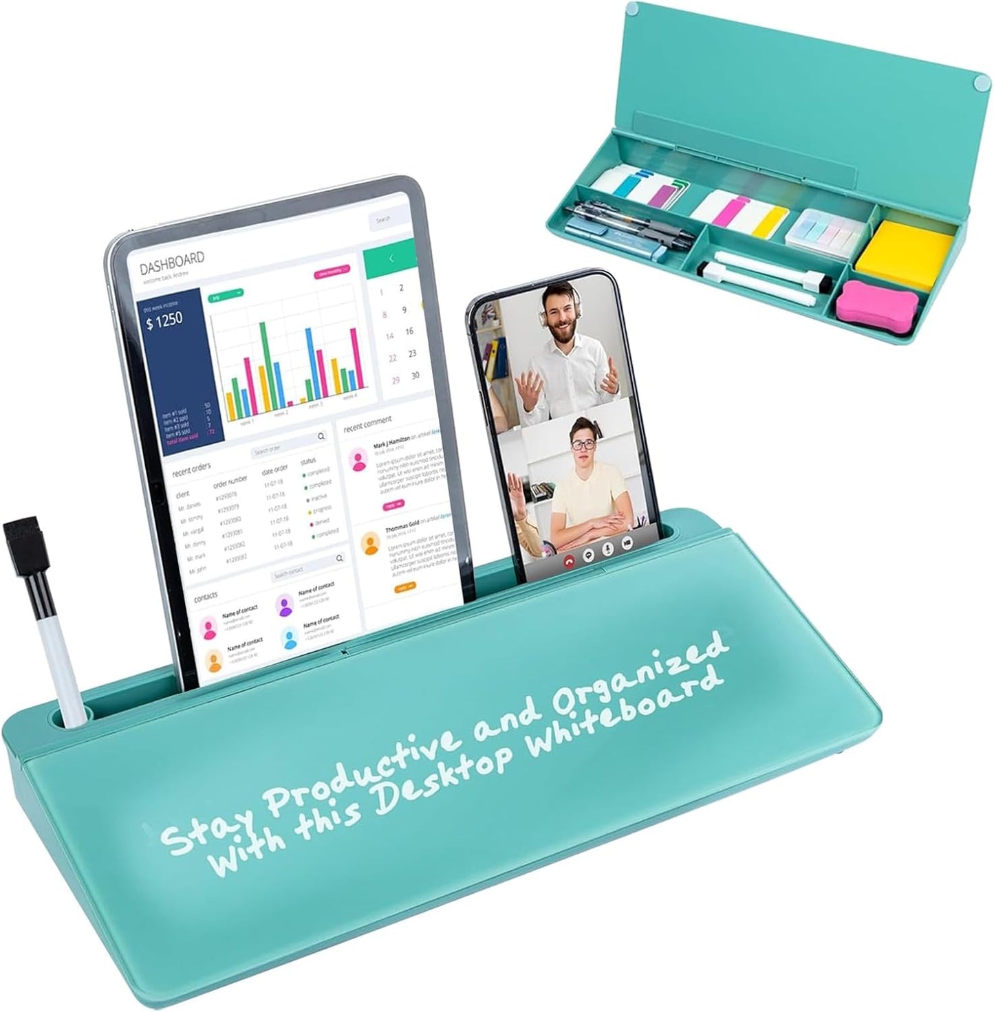 Glass Desktop Whiteboard for Quick Notes & Reminder – Desk Storage with Drawer – Compact Desk Organizer Whiteboard – Small Dry Erase Board - Desktop Accessories for Home Office (Turquoise)