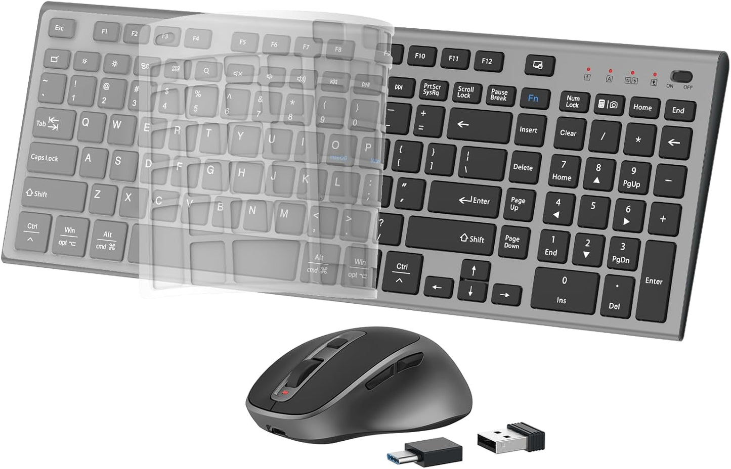 FENIFOX Wireless Keyboard and Mouse, Ergonomic Rechargeable Silent Quiet Slim USB C Flat Compact Full Size with Number Pad Soft Cover Keyboards for Mac Computer PC Surface Laptop MacBook iMac Black