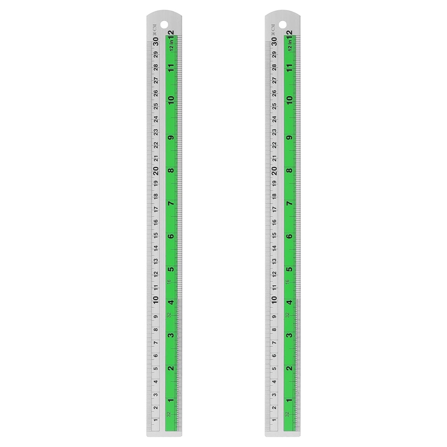 HARFINGTON 2pcs Metal Straight Ruler 30cm Metric SAE Aluminum Alloy Measuring Rulers Scale Tool with Hole for Measure Study Reading Classroom Office, Green