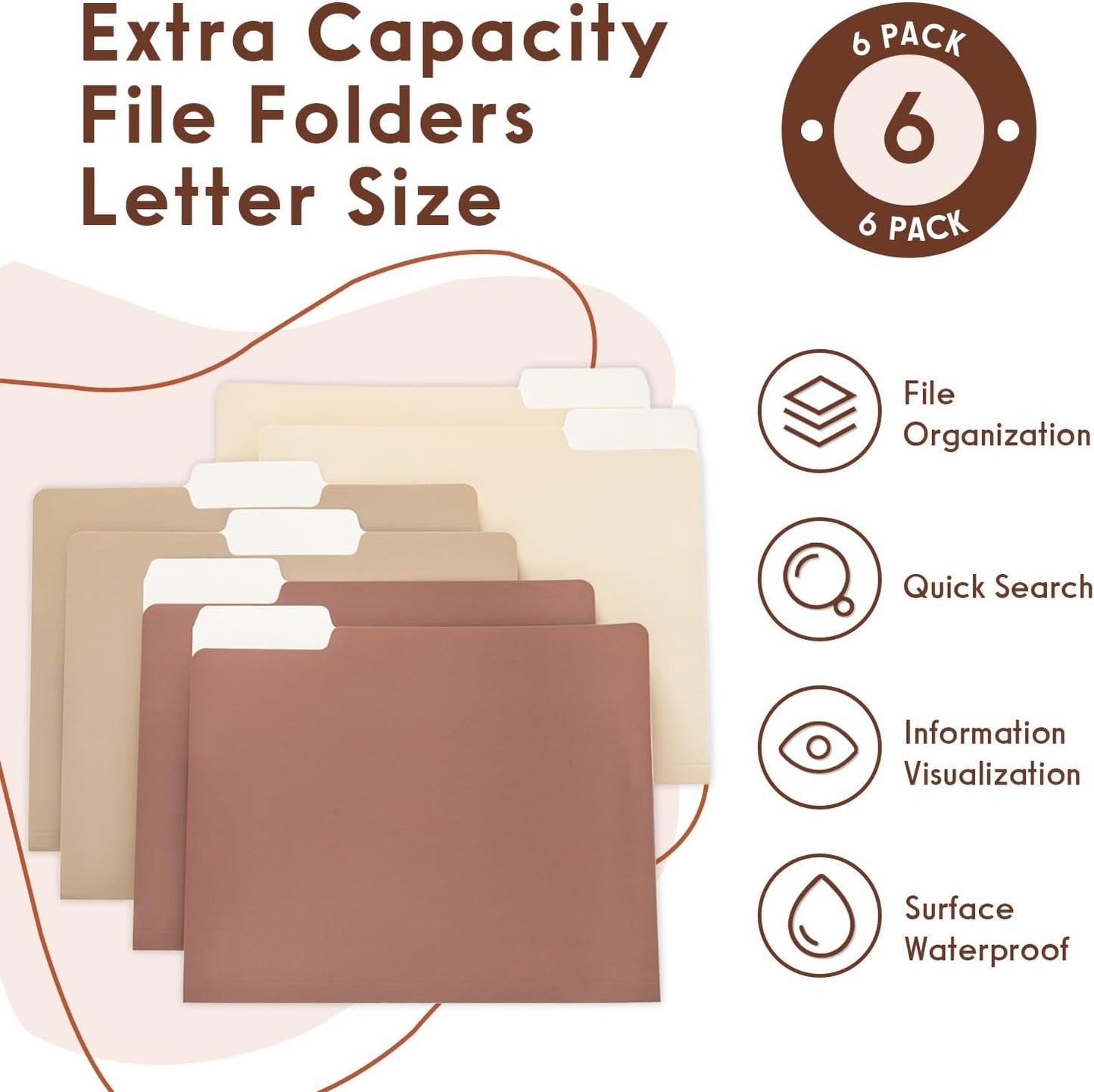 Y YOMA 6 Pack Extra Capacity File Folders Letter Size Accordion Decorative File Folder Cute Pretty Colored Filing Folder File Organizers for Office School Home Desktop with 1/3-Cut Tab, Mocha Color